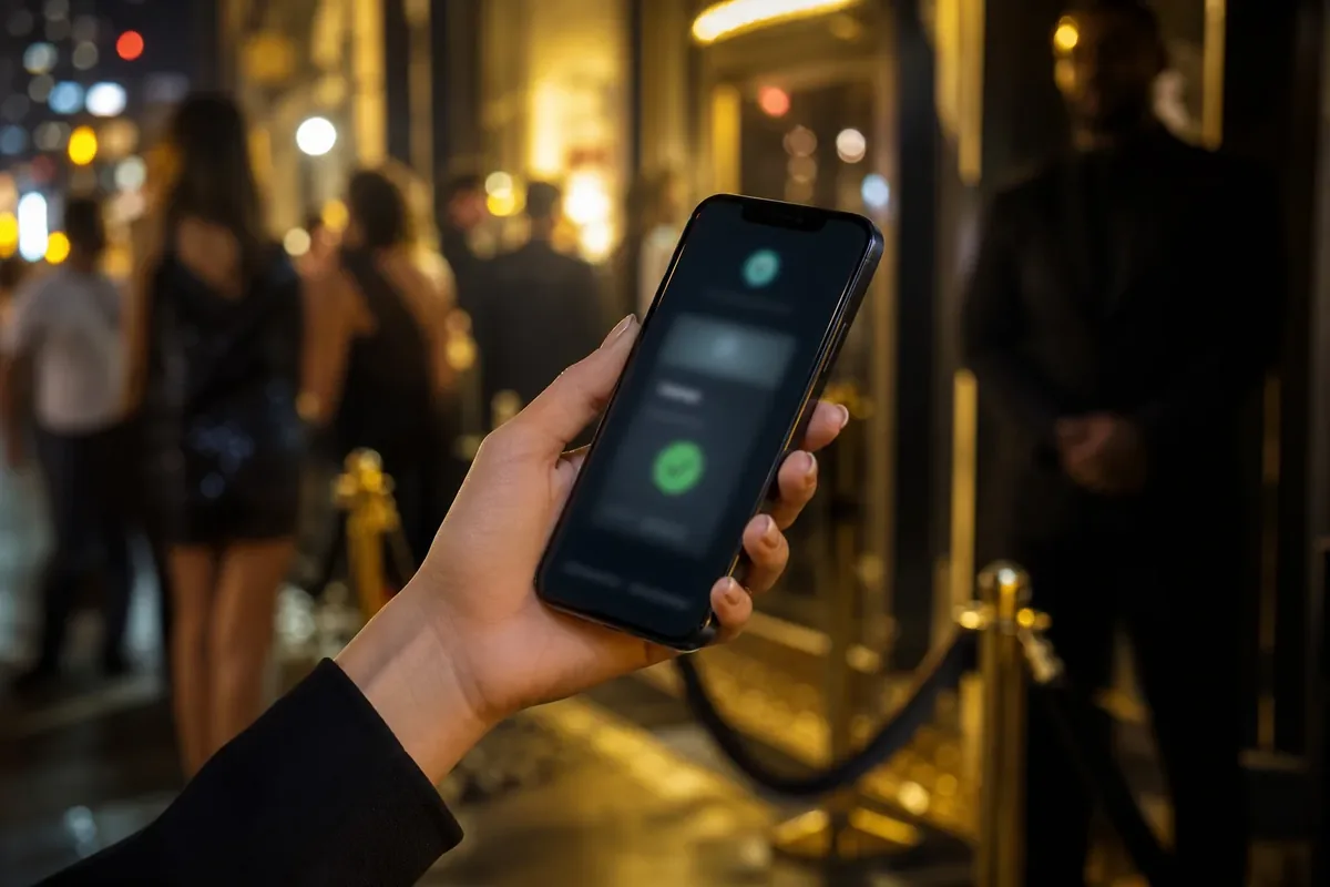 Smartphone mit Gästelisten-Bestätigung vor einem Club-Eingang