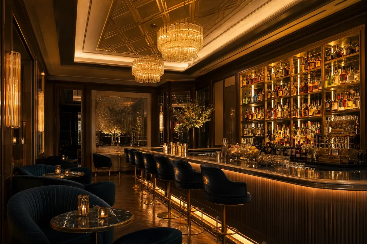 Elegante Bar im Kaufleuten Club mit goldener Beleuchtung