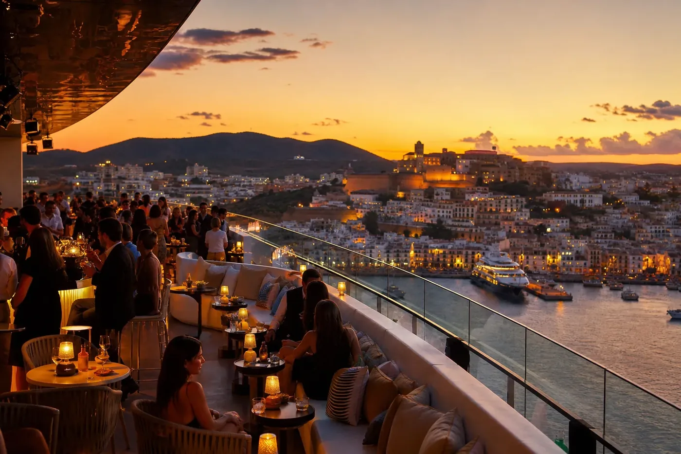 Rooftop-Terrasse des Pacha mit Blick über Ibiza Town